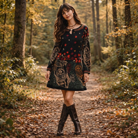 Angie Dresses & Skirts - Whimsy‎ Goth Owl Sweater Dress Size Small Boho Forestcore Indie Festival Cottage
